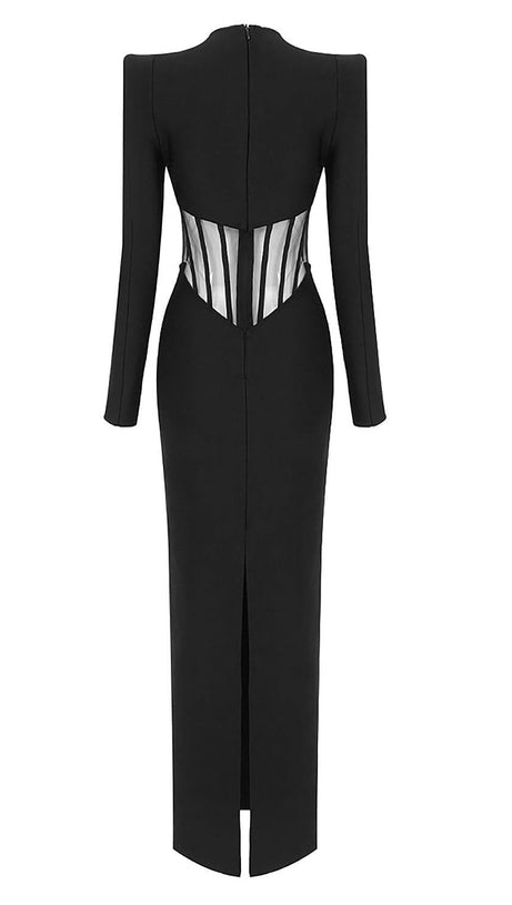 BLACK MESH CORSET DETAIL BANDAGE LONG DRESS