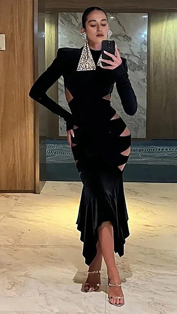 AIIZIE BACKLESS CUT-OUT DETAILED VELVET MIDI DRESS - product image