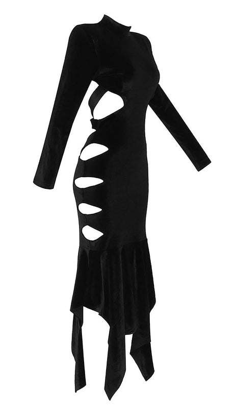 BACKLESS CUT-OUT DETAILED VELVET MIDI DRESS