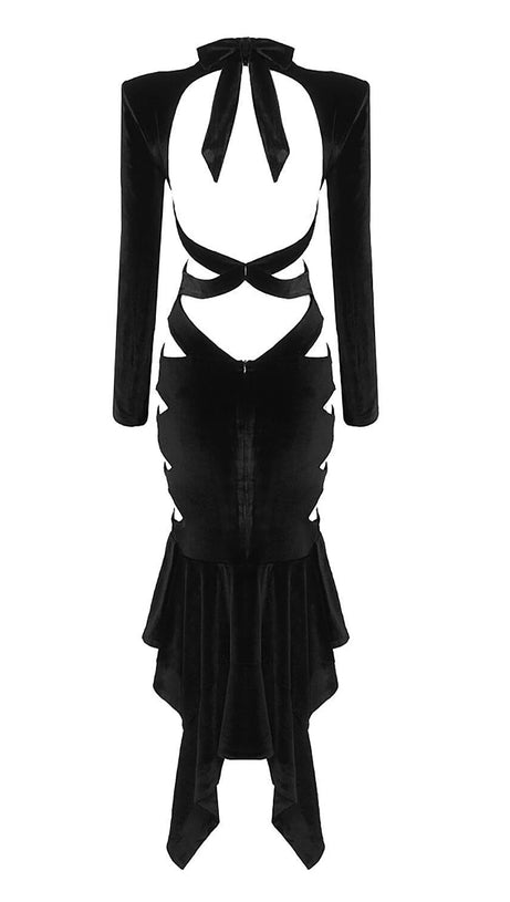 BACKLESS CUT-OUT DETAILED VELVET MIDI DRESS