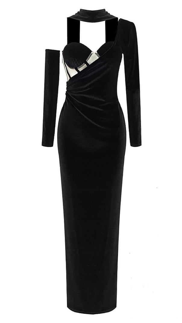 AIIZIE VELVET ONE SHOULDER STRAPLESS MESH MAXI DRESS - product image