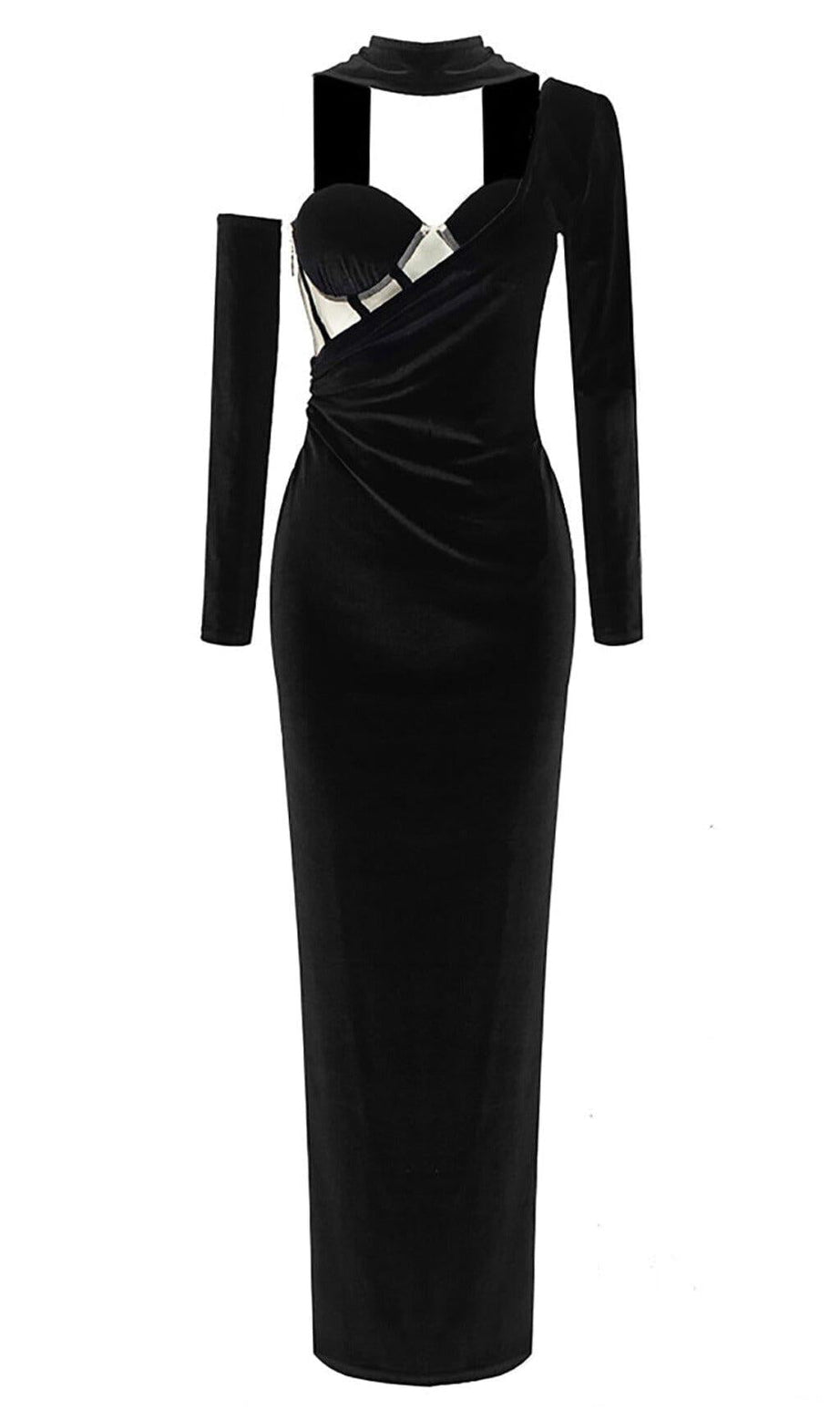 VELVET ONE SHOULDER STRAPLESS MESH MAXI DRESS