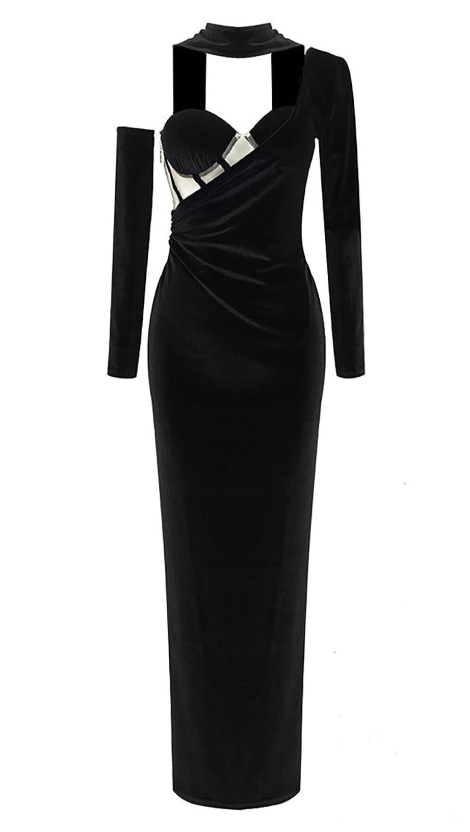 VELVET ONE SHOULDER STRAPLESS MESH MAXI DRESS