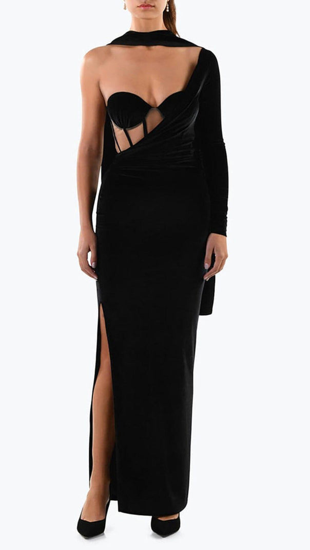 AIIZIE VELVET ONE SHOULDER STRAPLESS MESH MAXI DRESS - product image
