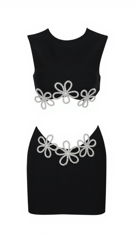 ADRIEN FLORAL CRYSTAL CROP BANDAGE SKIRT SET