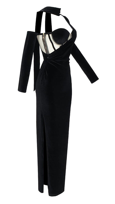 VELVET ONE SHOULDER STRAPLESS MESH MAXI DRESS