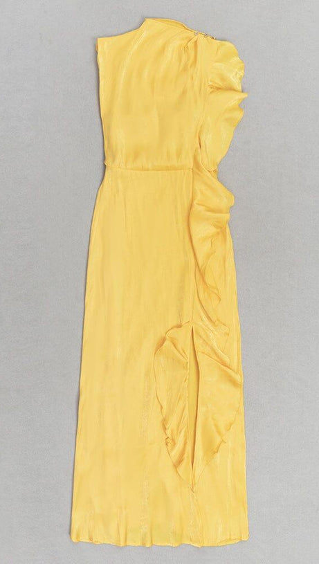 YELLOW MOCK NECK RUFFLE TRIM DRAPED DETAIL SATIN DRESS