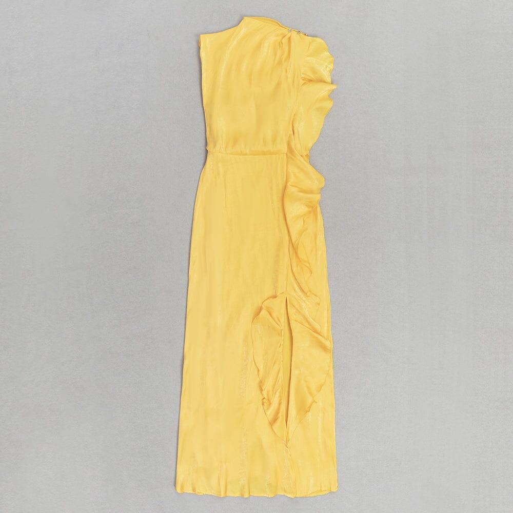 AIIZIE YELLOW MOCK NECK RUFFLE TRIM DRAPED DETAIL SATIN DRESS - product image