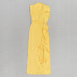 YELLOW MOCK NECK RUFFLE TRIM DRAPED DETAIL SATIN DRESS