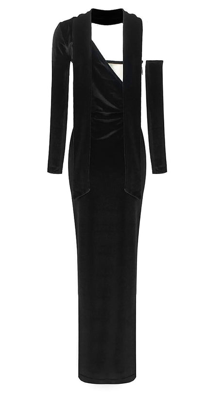 VELVET ONE SHOULDER STRAPLESS MESH MAXI DRESS