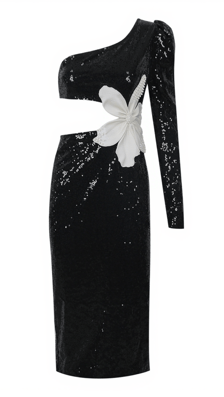 ABITO MONOSPALLA CON FIORI E PAILLETTES PATSY