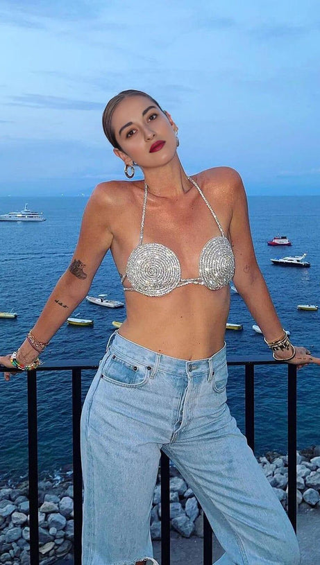 RHINESTONE EMBELLISHED SILK BRA TOP IN SILVER