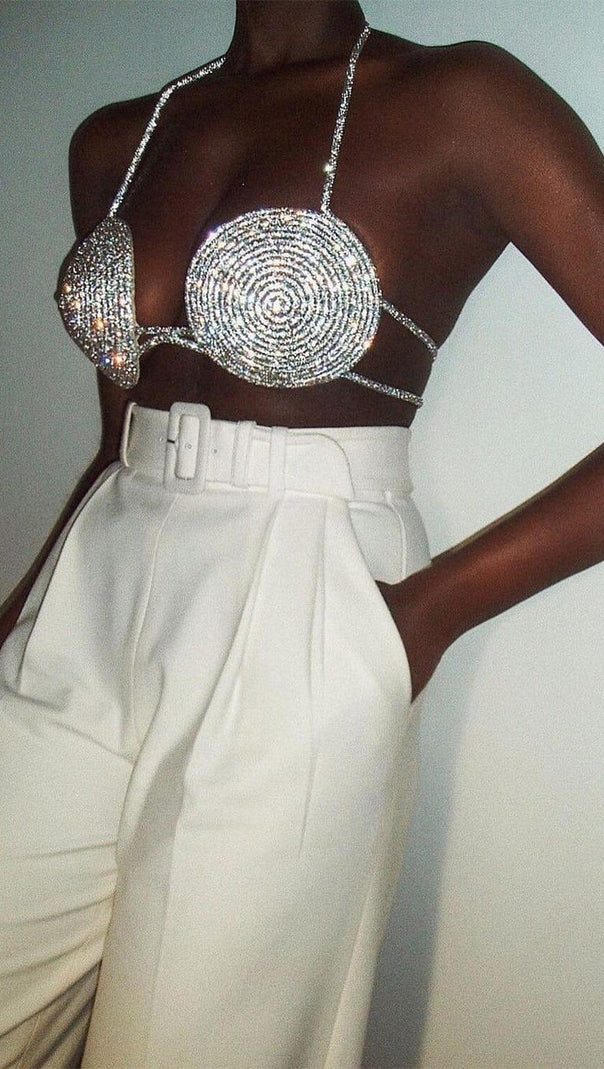 AIIZIE RHINESTONE EMBELLISHED SILK BRA TOP IN SILVER - product image