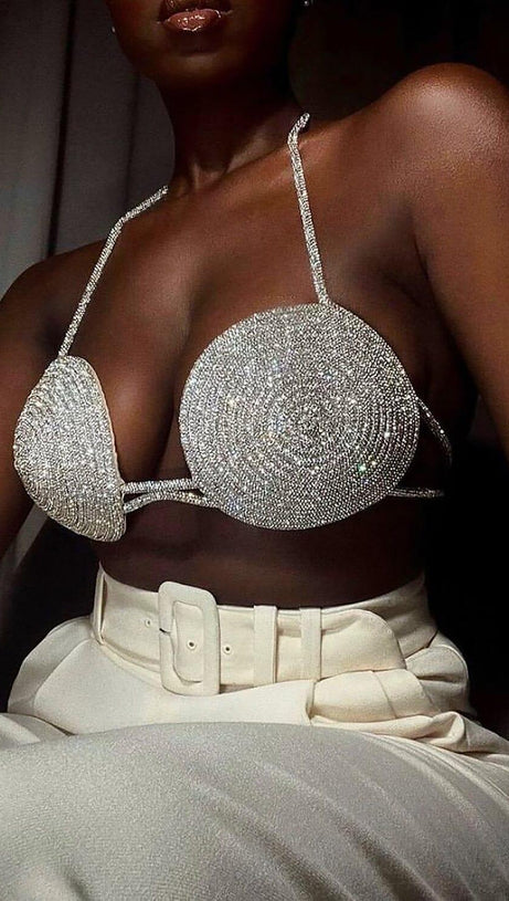 RHINESTONE EMBELLISHED SILK BRA TOP IN SILVER