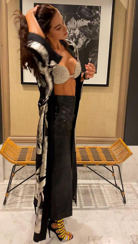 RHINESTONE EMBELLISHED SILK BRA TOP IN SILVER