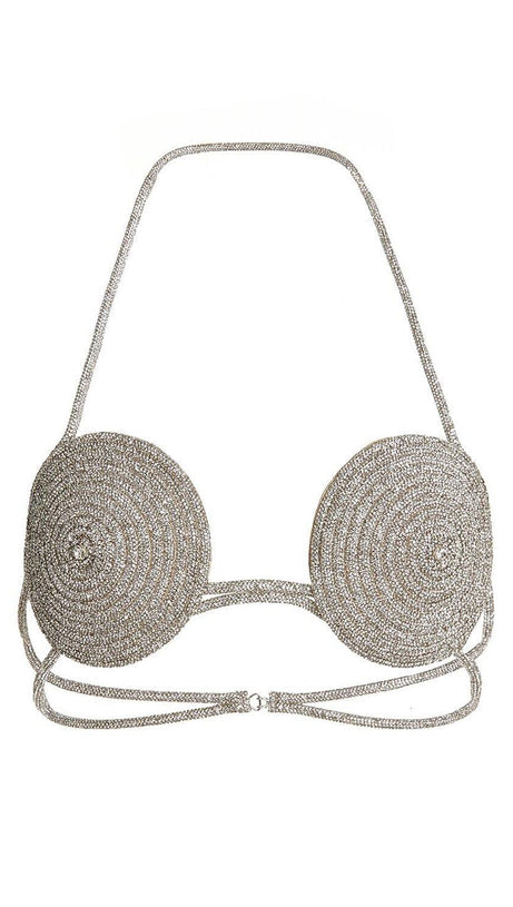 RHINESTONE EMBELLISHED SILK BRA TOP IN SILVER