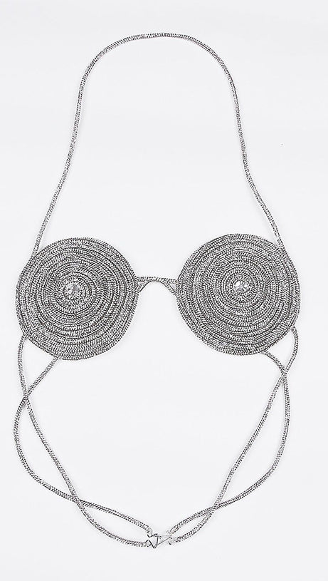 RHINESTONE EMBELLISHED SILK BRA TOP IN SILVER