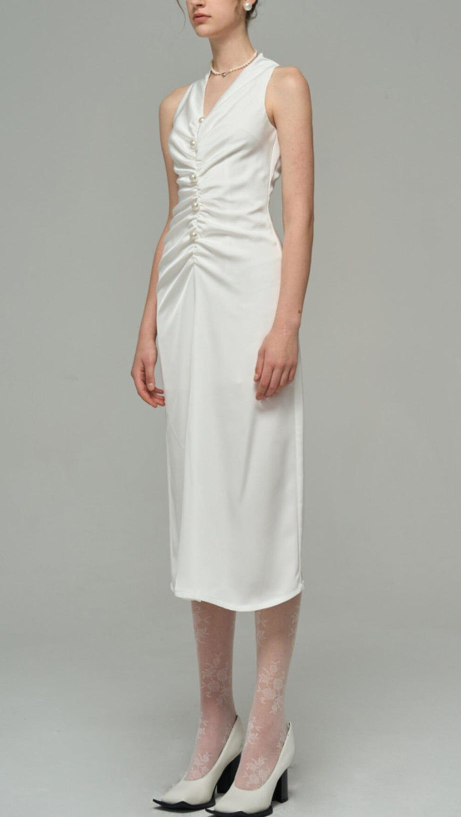 SATIN PEARL DECORATIVE DRESS IN WHITE