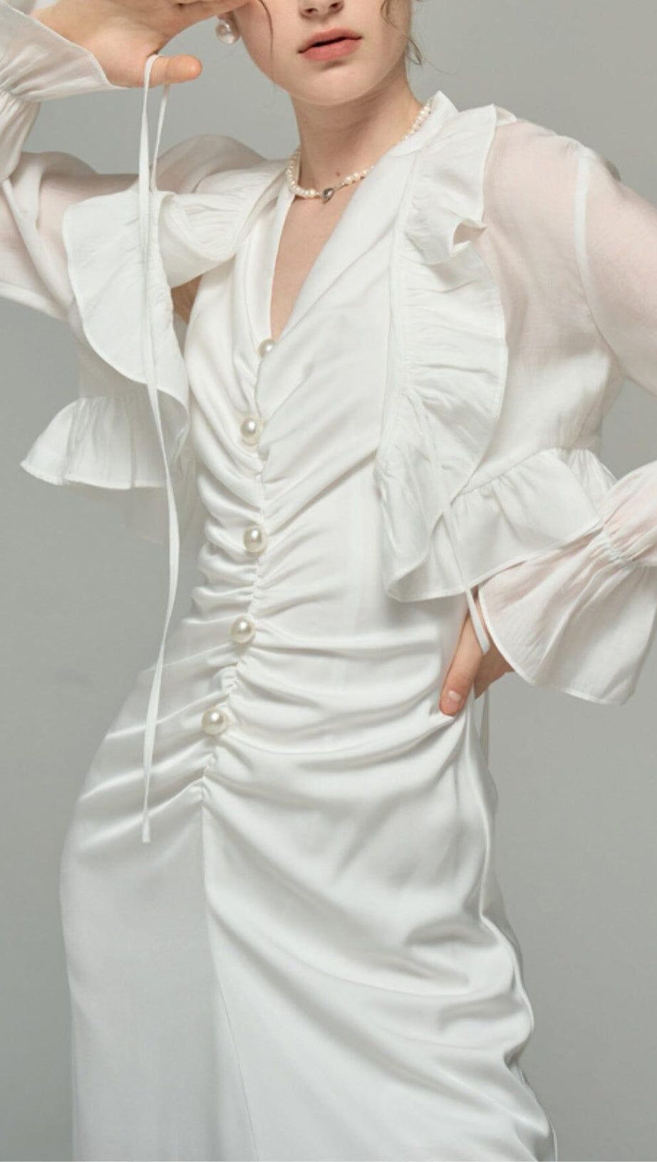 SATIN PEARL DECORATIVE DRESS IN WHITE