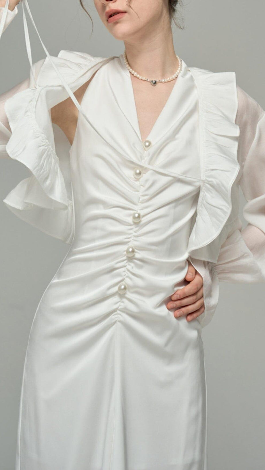 SATIN PEARL DECORATIVE DRESS IN WHITE