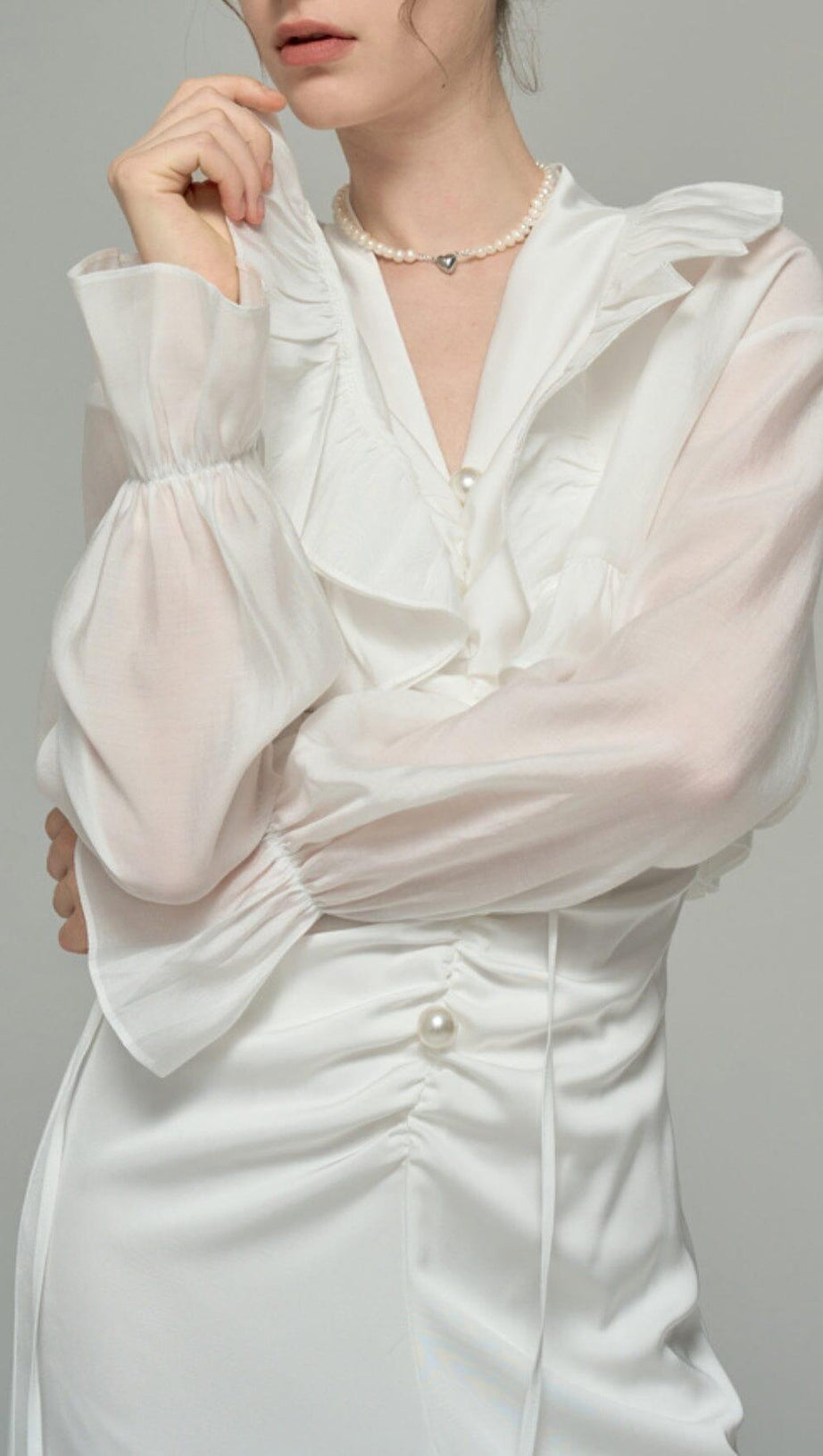 SATIN PEARL DECORATIVE DRESS IN WHITE