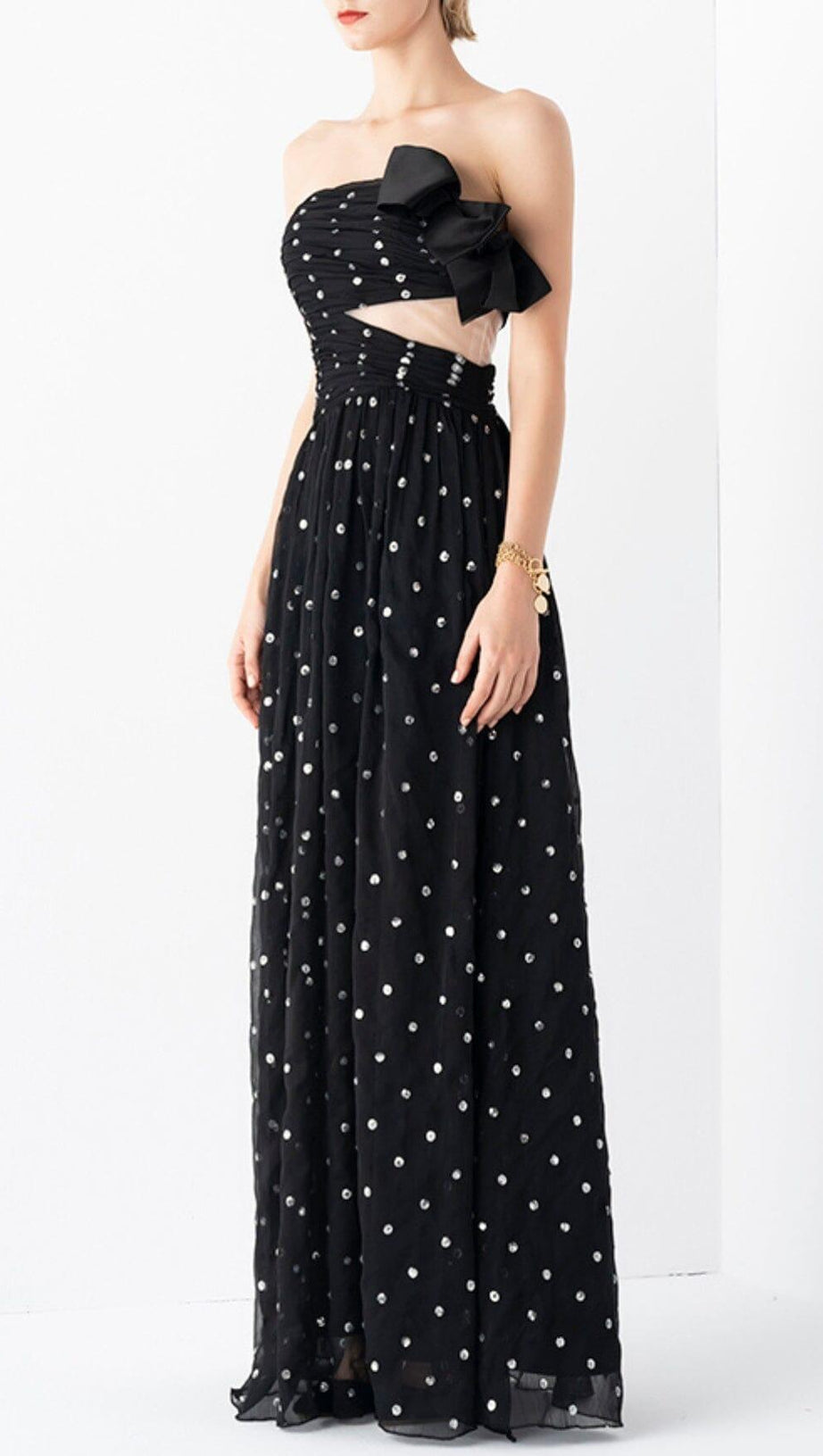 POLKA DOT BANDEAU DRESS IN BLACK