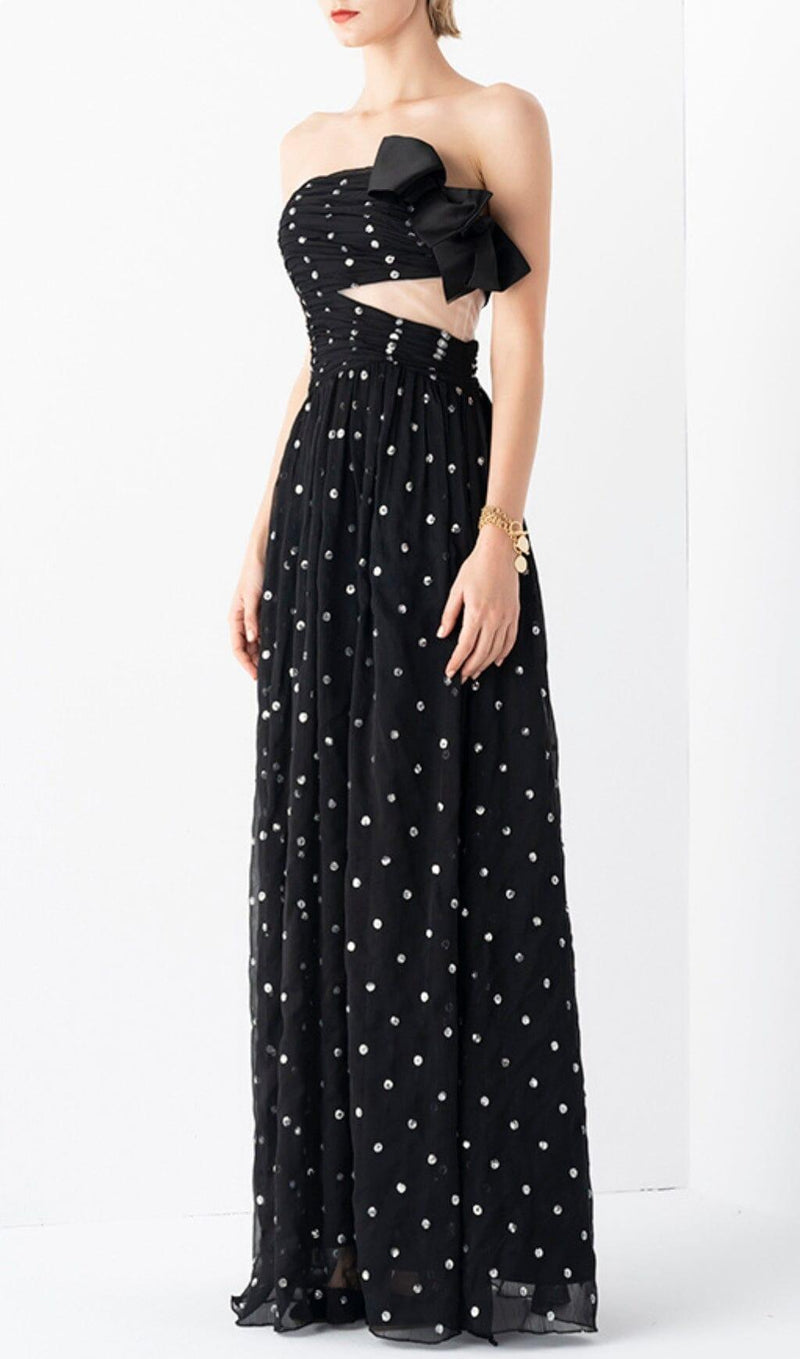 POLKA DOT BANDEAU DRESS IN BLACK