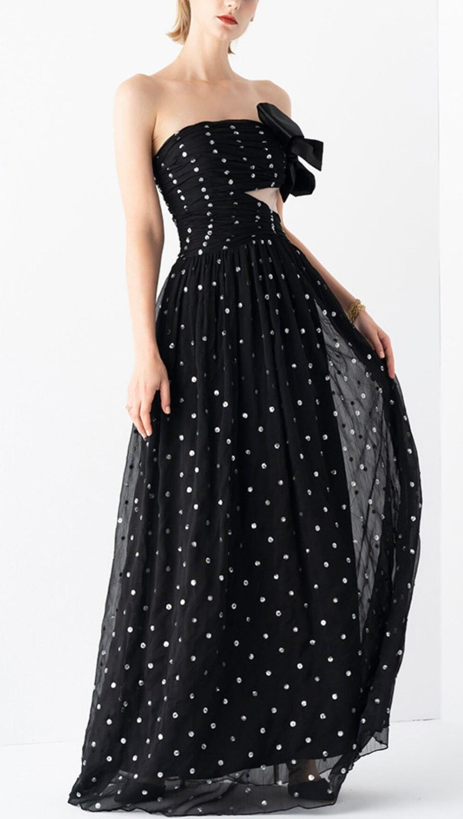 POLKA DOT BANDEAU DRESS IN BLACK