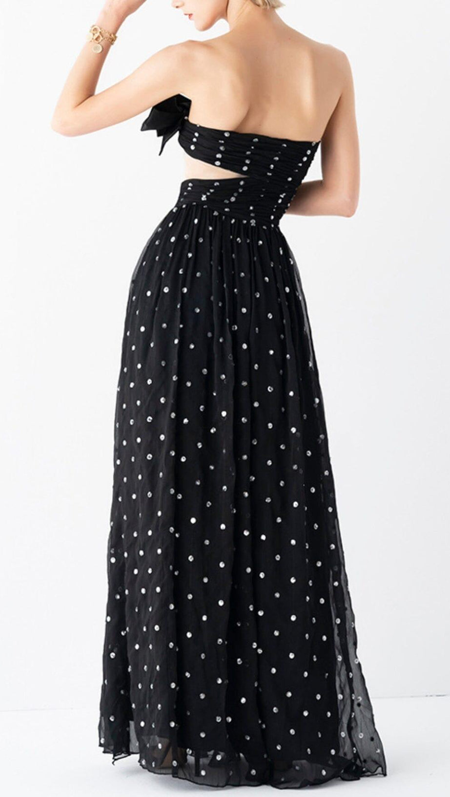POLKA DOT BANDEAU DRESS IN BLACK