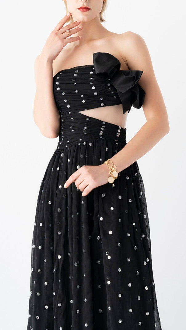 AIIZIE POLKA DOT BANDEAU DRESS IN BLACK - product image