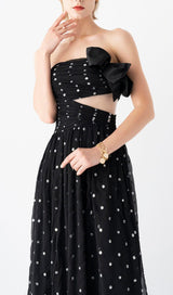 POLKA DOT BANDEAU DRESS IN BLACK