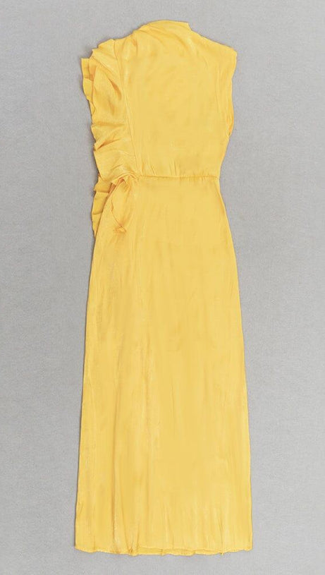 YELLOW MOCK NECK RUFFLE TRIM DRAPED DETAIL SATIN DRESS