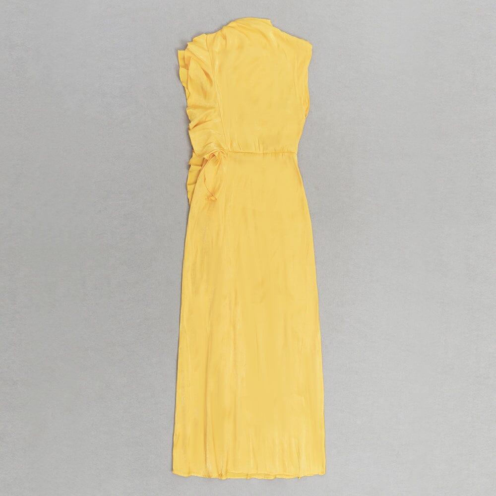 AIIZIE YELLOW MOCK NECK RUFFLE TRIM DRAPED DETAIL SATIN DRESS - product image
