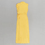 YELLOW MOCK NECK RUFFLE TRIM DRAPED DETAIL SATIN DRESS