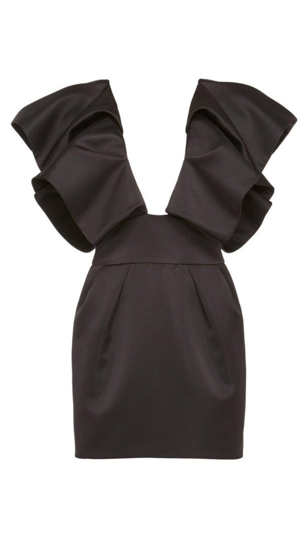 AIIZIE DEEP V THREE-DIMENSIONAL SHOULDER DESIGN DRESS IN BLACK - product image