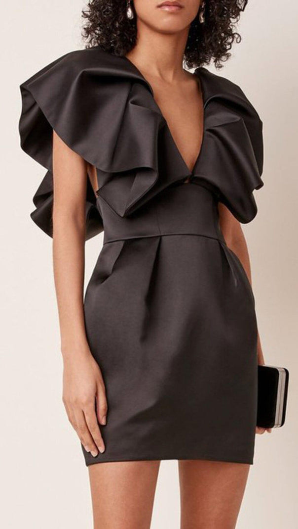 AIIZIE DEEP V THREE-DIMENSIONAL SHOULDER DESIGN DRESS IN BLACK - product image