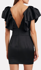 DEEP V THREE-DIMENSIONAL SHOULDER DESIGN DRESS IN BLACK