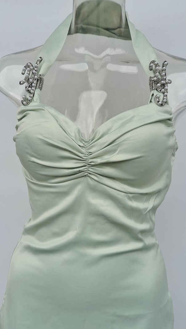 AIIZIE HANGING NECK PLEATED BANDEAU DRESS IN MINT GREEN - product image