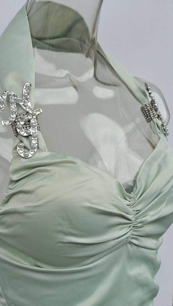 AIIZIE HANGING NECK PLEATED BANDEAU DRESS IN MINT GREEN - product image