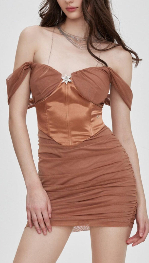 AIIZIE FISHBONE STRAPLESS MESH DRESS IN BROWN - product image