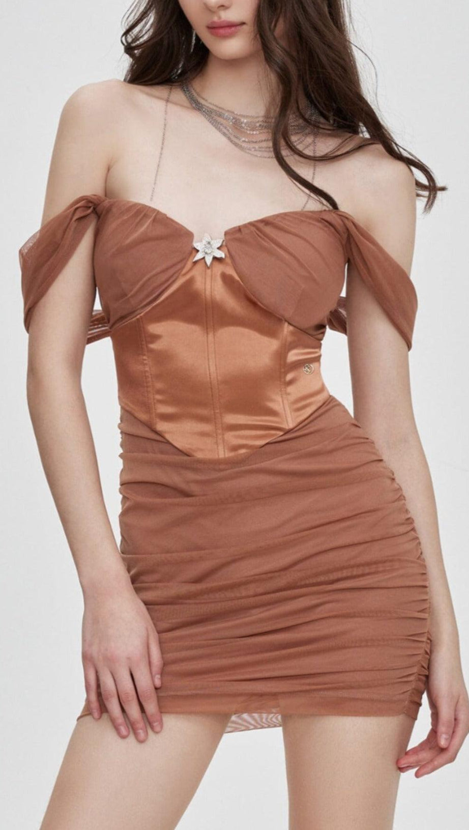 FISHBONE STRAPLESS MESH DRESS IN BROWN