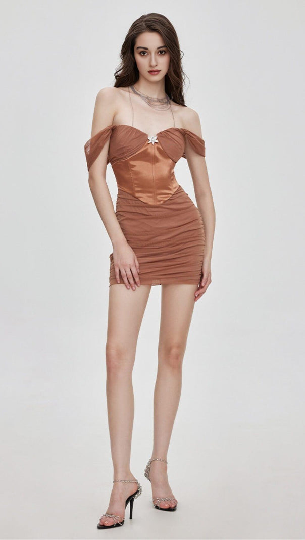 AIIZIE FISHBONE STRAPLESS MESH DRESS IN BROWN - product image