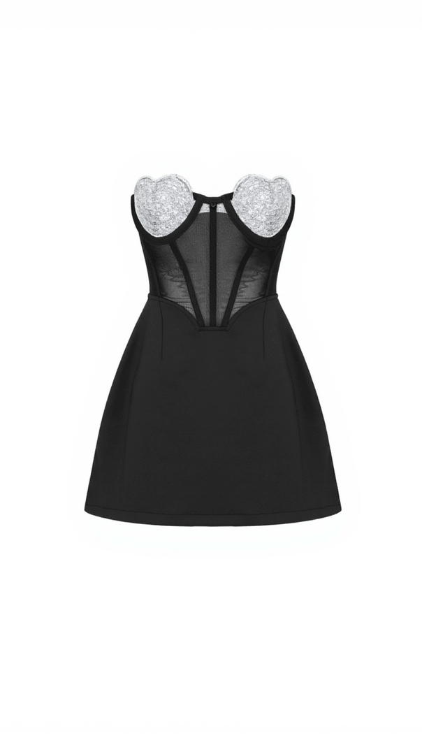 AIIZIE SATTIE CRYSTAL HEART PATCHWORK MINI DRESS IN BLACK - product image