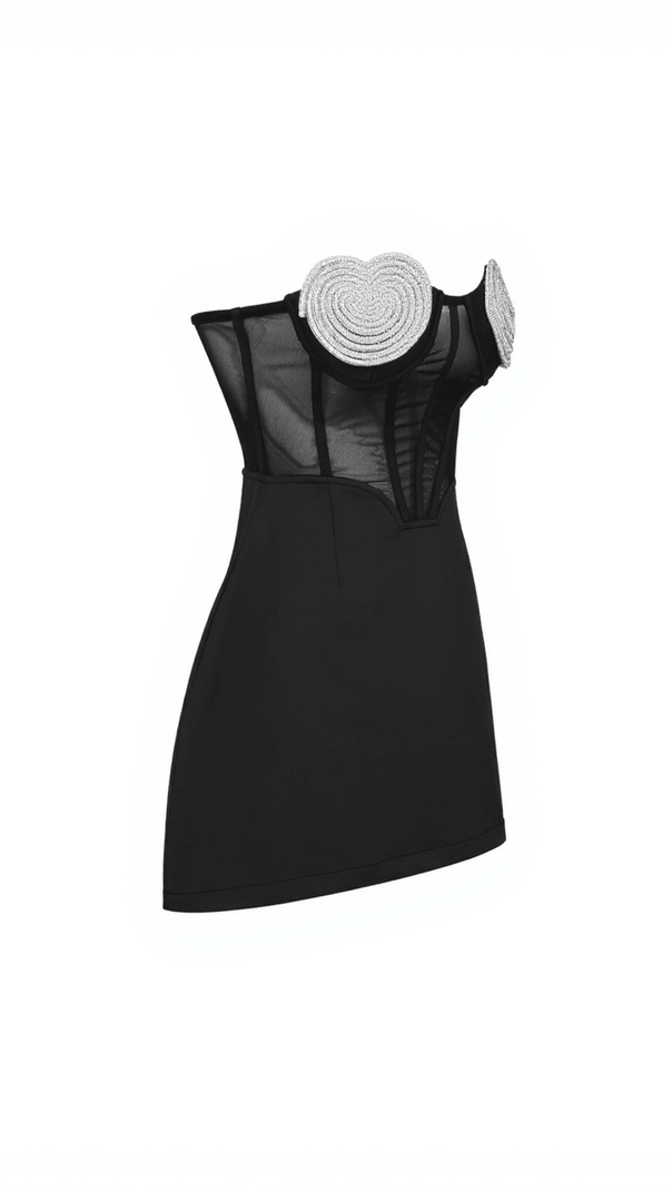 AIIZIE SATTIE CRYSTAL HEART PATCHWORK MINI DRESS IN BLACK - product image