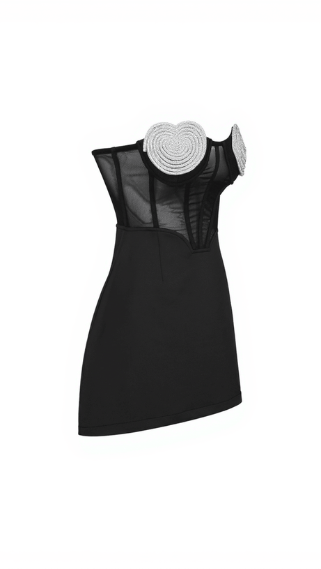 Sattie – Schwarzes Minikleid mit Patchwork und Kristallherzen