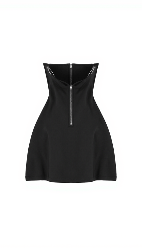 Sattie – Schwarzes Minikleid mit Patchwork und Kristallherzen