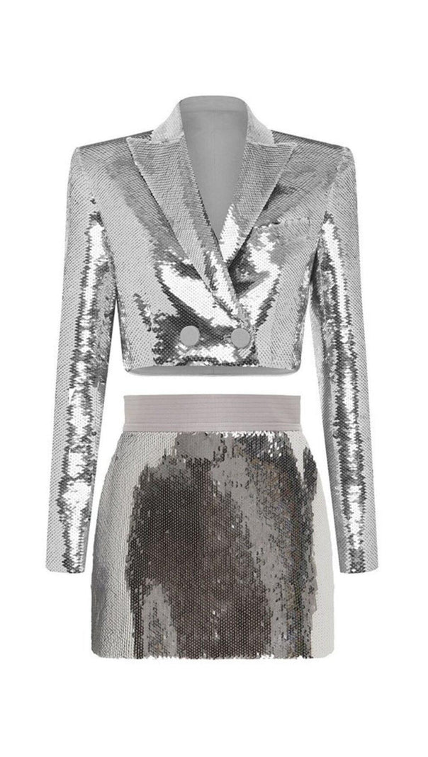 AIIZIE SEQUIN SHORT TWO PIECES SUIT IN SLIVER - product image