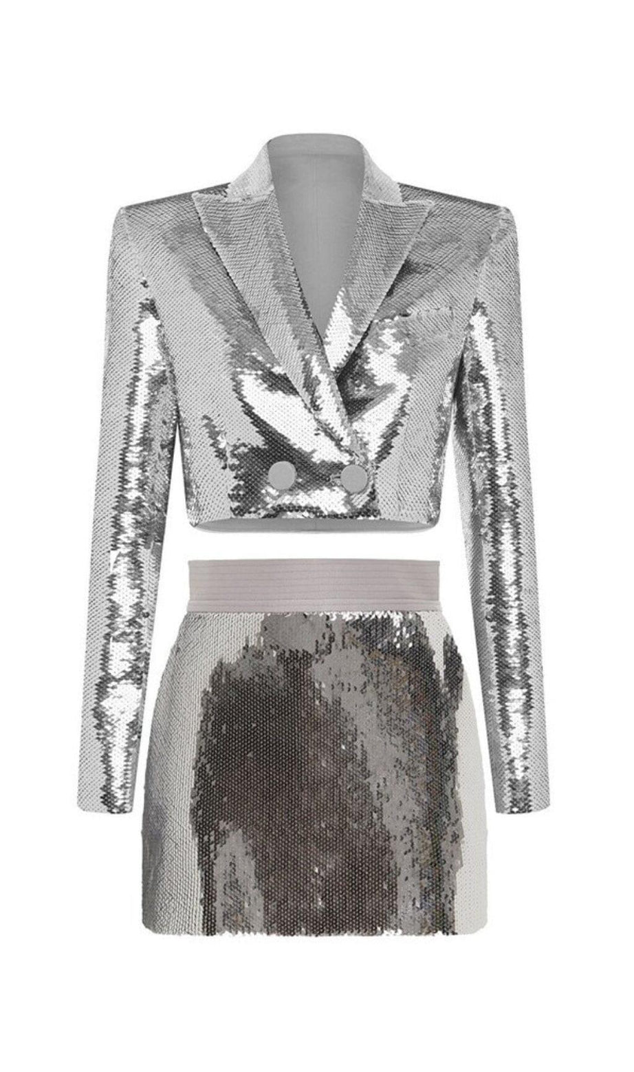 SEQUIN SHORT TWO PIECES SUIT IN SLIVER