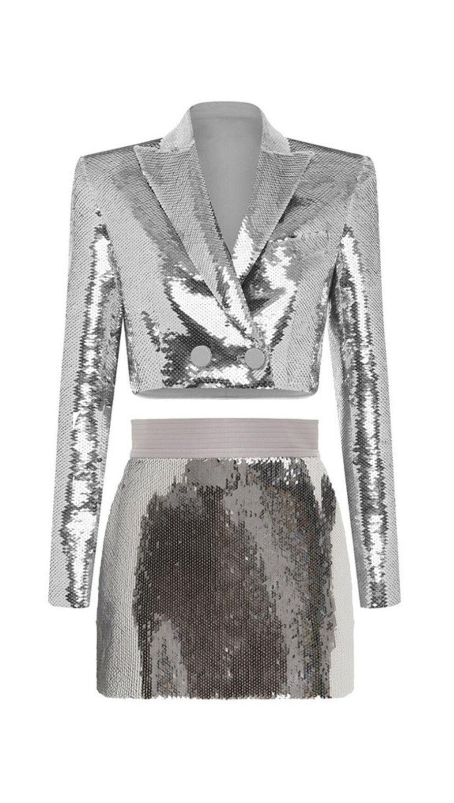 SEQUIN SHORT TWO PIECES SUIT IN SLIVER