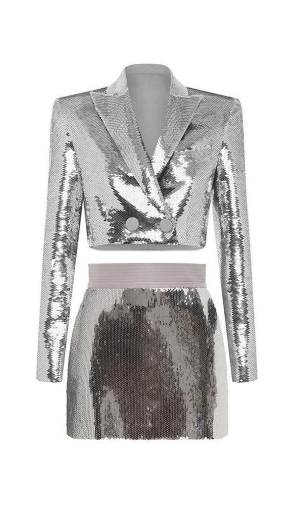 SEQUIN SHORT TWO PIECES SUIT IN SLIVER